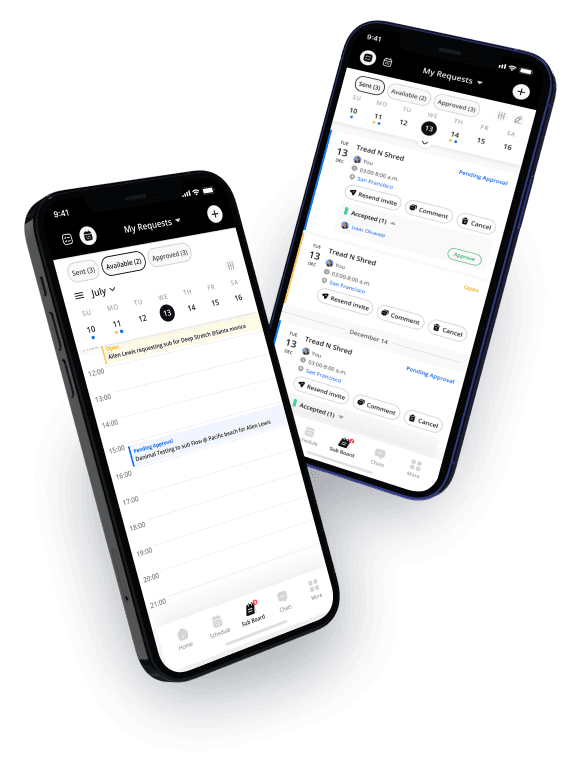 The NetGym app on two phones, showing the sub request calendar and a list of sub requests